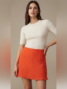 ZARA Vibrant Orange Tweed Frayed Hem Mini Skirt, Dopamine Dressong, Size S